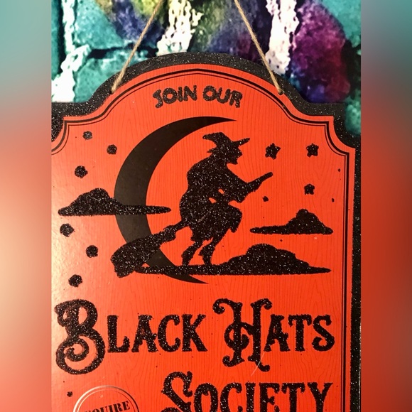 Halloween “Join Our Black Hats Society” Door Wall Sign Plaque Orange Black - Picture 2 of 4